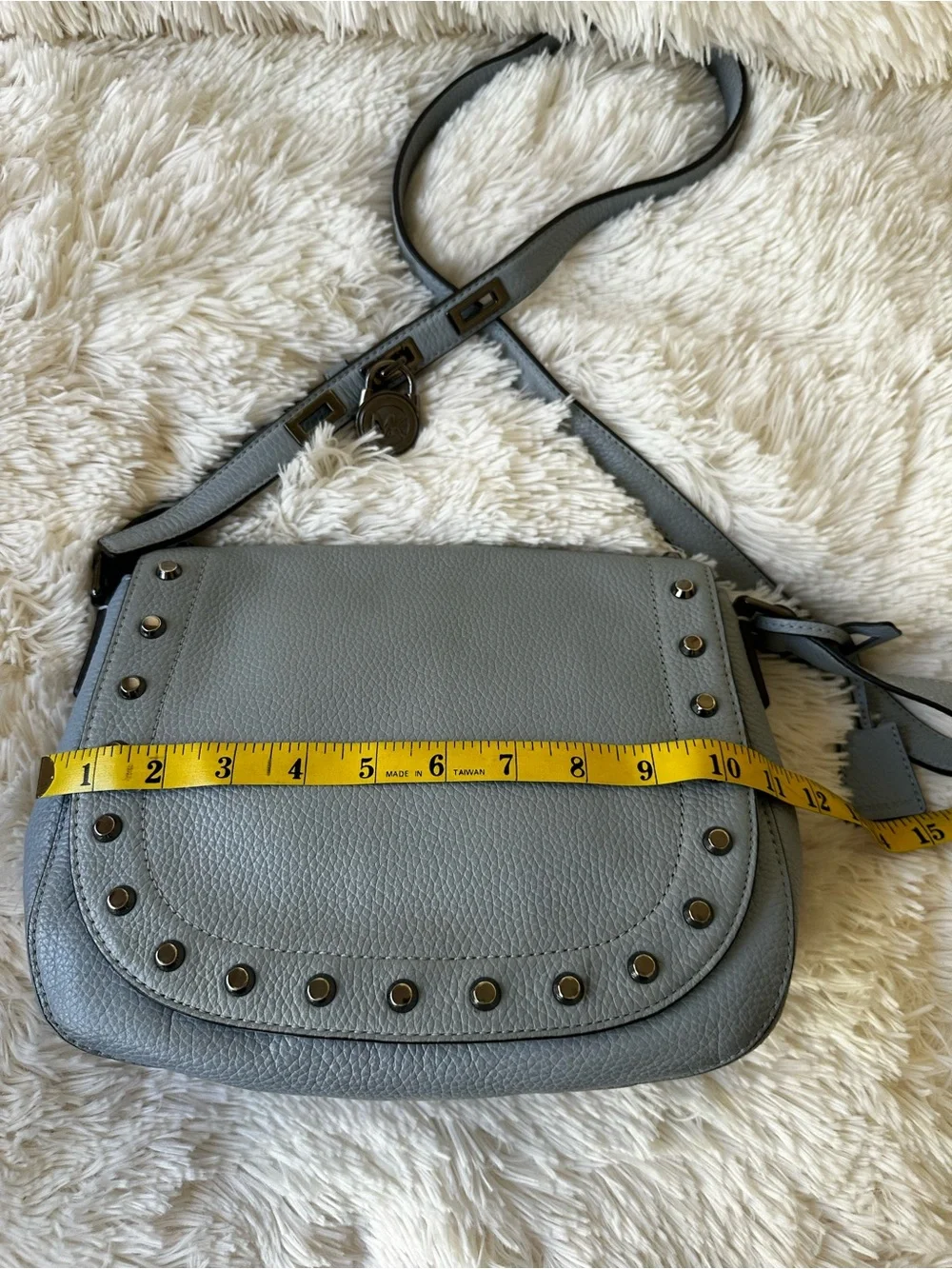 Michael Kors Blue Pebbled Leather Studded Saddle Crossbody Bag Messenger Purse